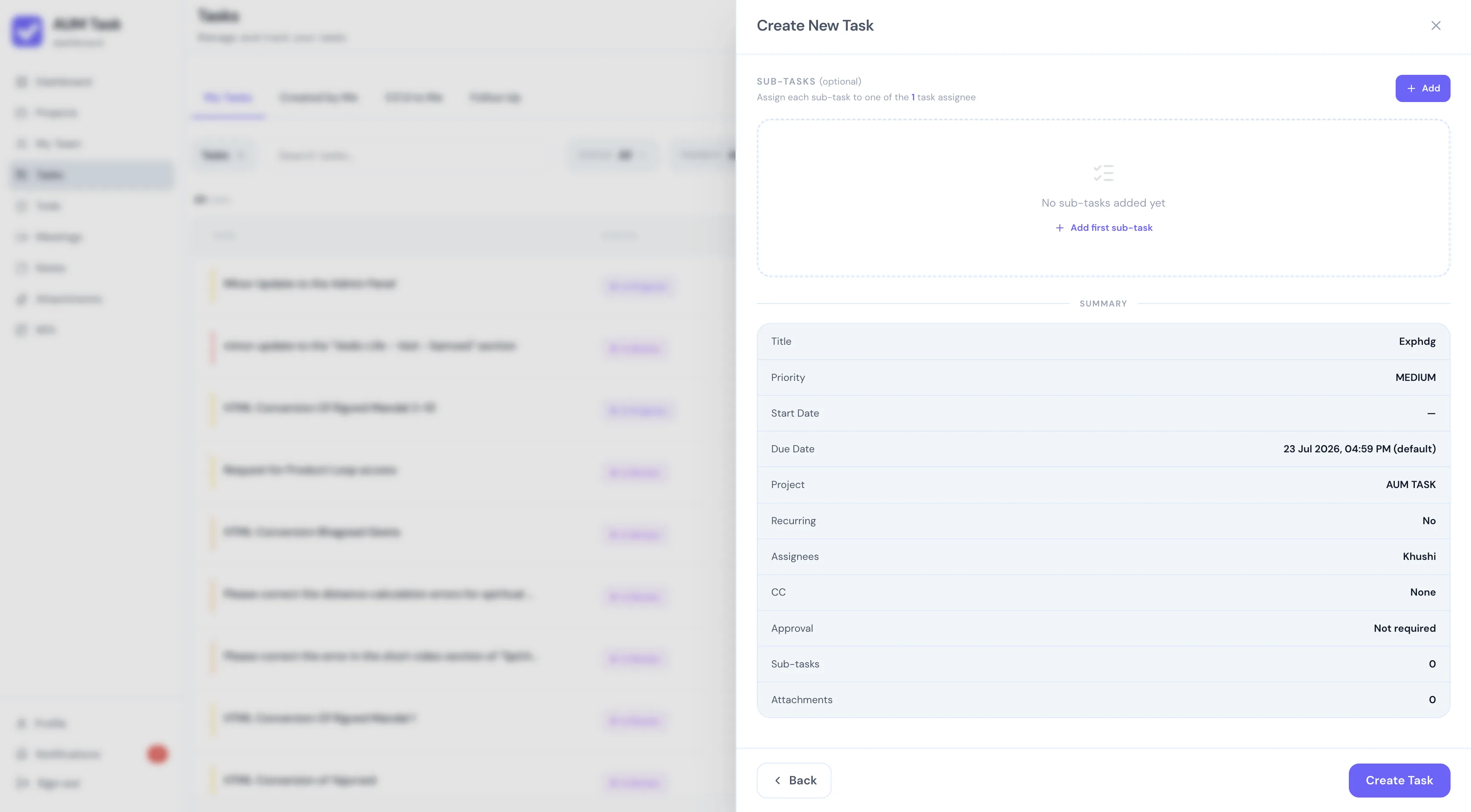Create Task Step 3: Subtasks & Specification Summary
